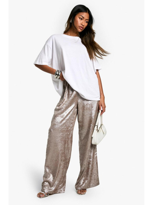 Атласні широкі брюки з металевим діамантом