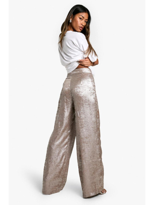Атласні широкі брюки з металевим діамантом
