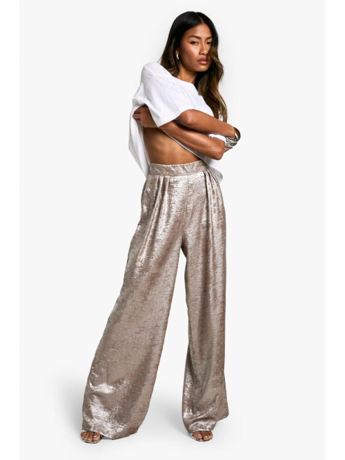 Атласні широкі брюки з металевим діамантом
