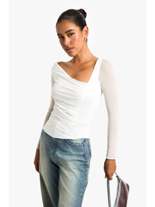 Топ із сітчастими рюшами з довгим рукавом