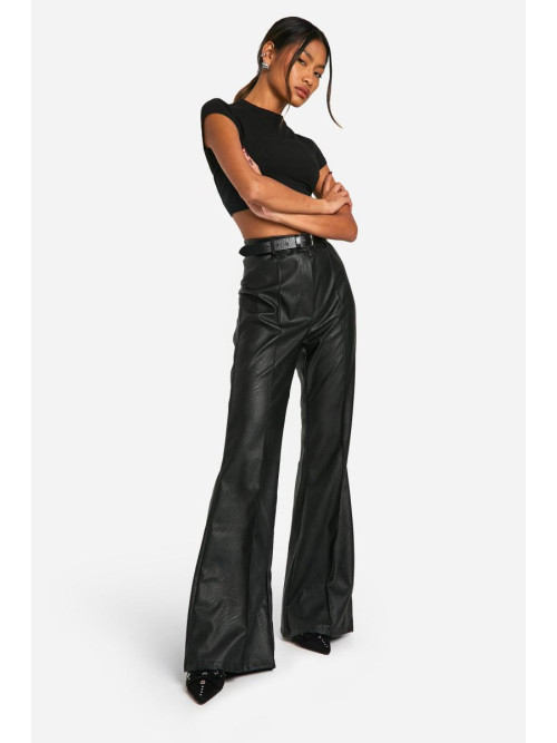 Штани-кльош із завищеною талією та швом спереду в стилі шкіри