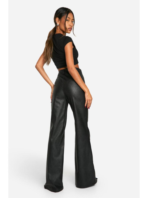 Штани-кльош із завищеною талією та швом спереду в стилі шкіри