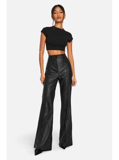 Штани-кльош із завищеною талією та швом спереду в стилі шкіри