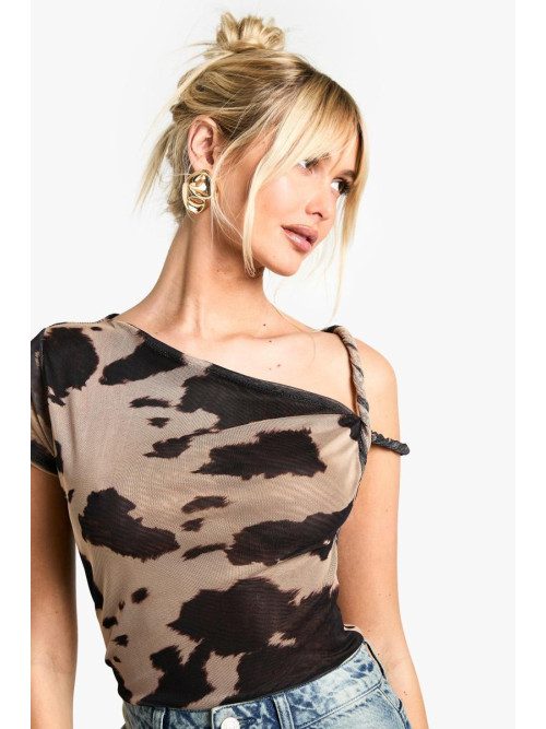 Боді із сітчастими рукавами з принтом корови