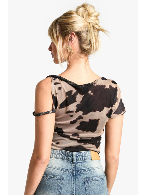 Боді із сітчастими рукавами з принтом корови