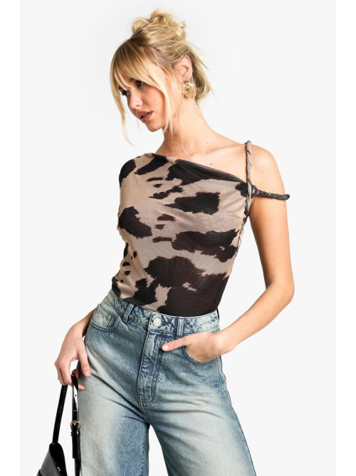 Боді із сітчастими рукавами з принтом корови