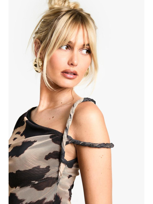 Боді із сітчастими рукавами з принтом корови