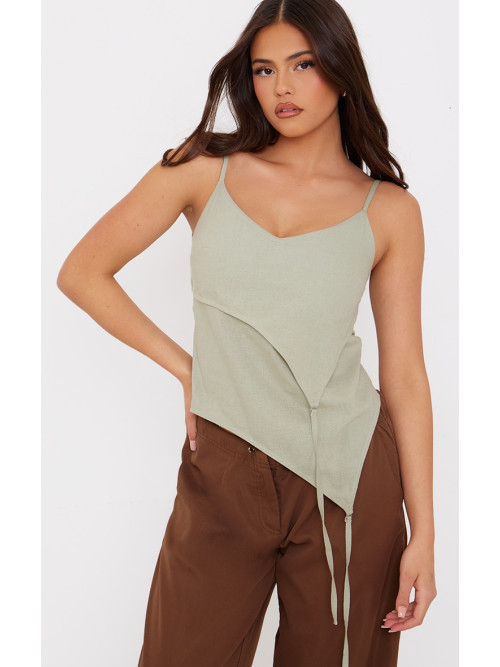 Зелений лляний асиметричний топ на бретельках з лямками