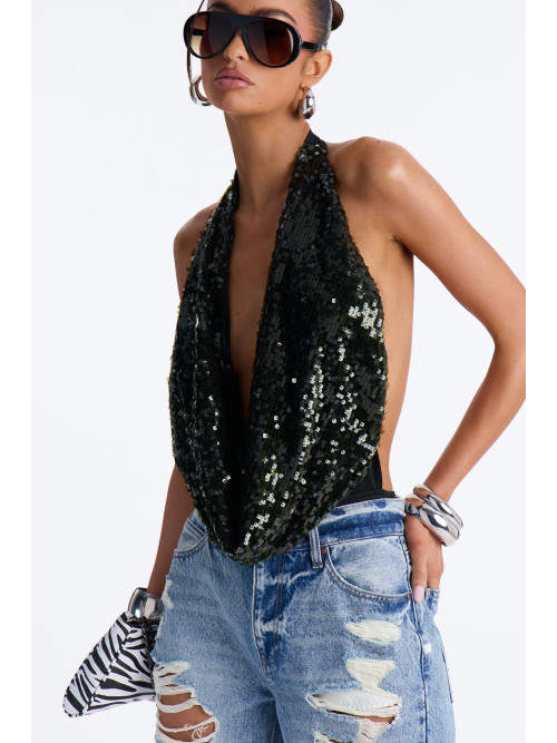 Боді з глибоким вирізом та зав'язками на шиї, прикрашене паєтками