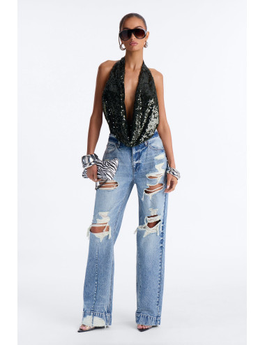 Боді з глибоким вирізом та зав'язками на шиї, прикрашене паєтками