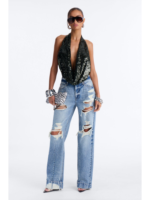 Боді з глибоким вирізом та зав'язками на шиї, прикрашене паєтками