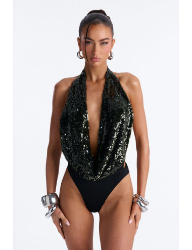 Боді з глибоким вирізом та зав'язками на шиї, прикрашене паєтками