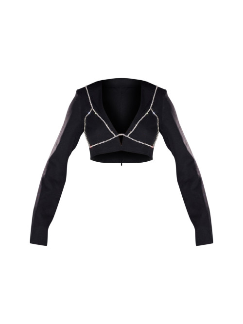 Чорний плетений бюстгальтер з діамантом і коротким топом з довгими рукавами