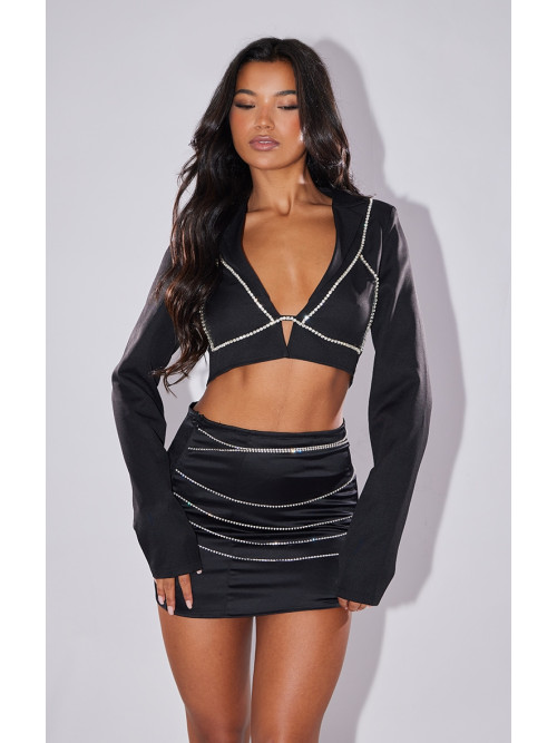 Чорний плетений бюстгальтер з діамантом і коротким топом з довгими рукавами