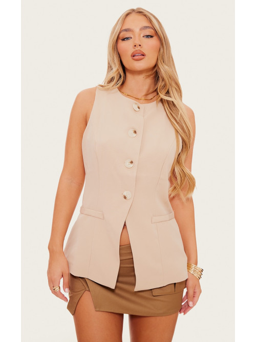 Бежевий довгий жилет з круглим вирізом