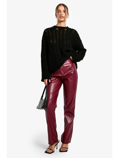 ПРЯМІ БРЮКИ З ВИСОКОЮ ТАЛІЄЮ З ШТУЧНОЇ ШКІРИ БОРДОВОГО КОЛЬОРУ