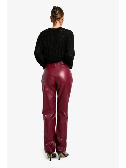 ПРЯМІ БРЮКИ З ВИСОКОЮ ТАЛІЄЮ З ШТУЧНОЇ ШКІРИ БОРДОВОГО КОЛЬОРУ