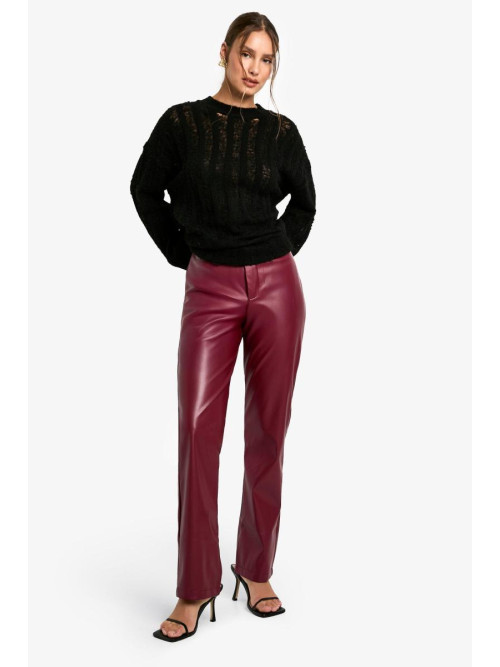 ПРЯМІ БРЮКИ З ВИСОКОЮ ТАЛІЄЮ З ШТУЧНОЇ ШКІРИ БОРДОВОГО КОЛЬОРУ