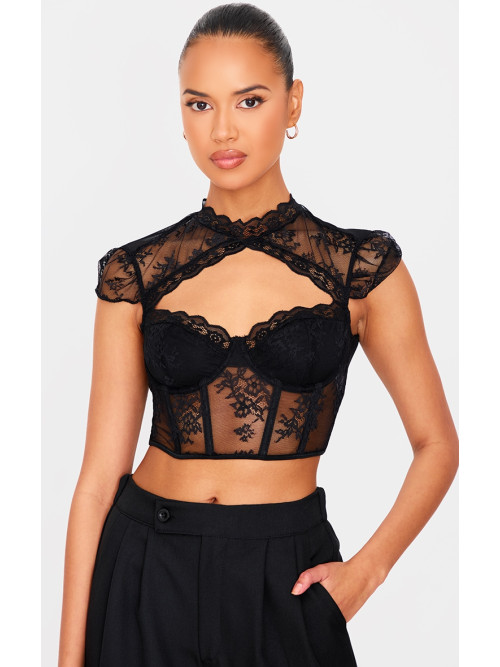 Чорний мереживний укорочений корсет